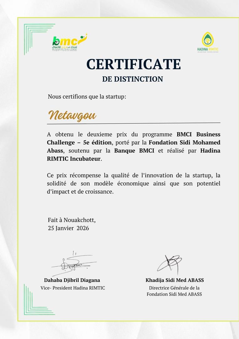 Certificat de distinction — BMCI Business Challenge 5e édition